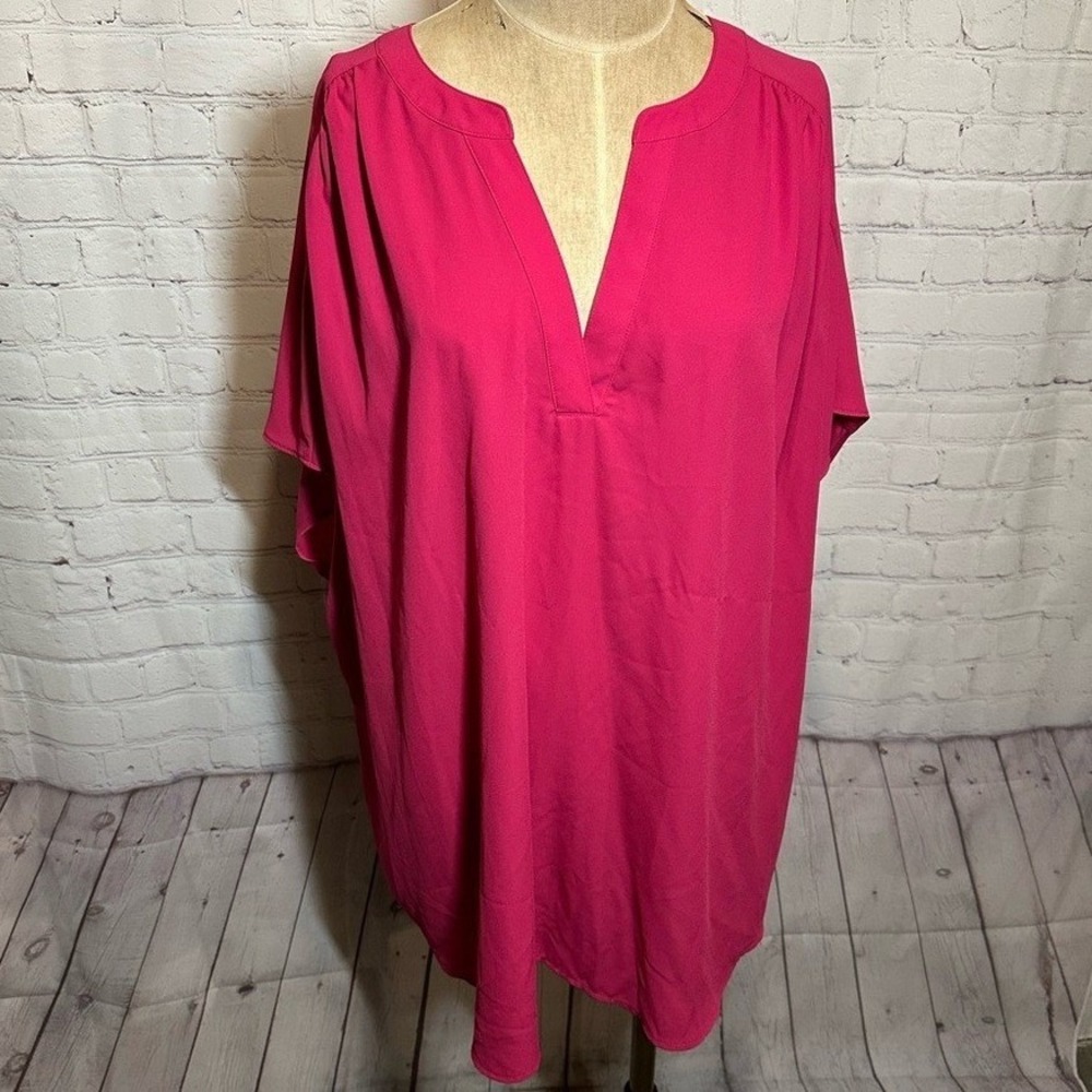 EVRI Womens Plus 3X Magenta Pink Split V-Neck Dolman Sleeve Tunic Blouse